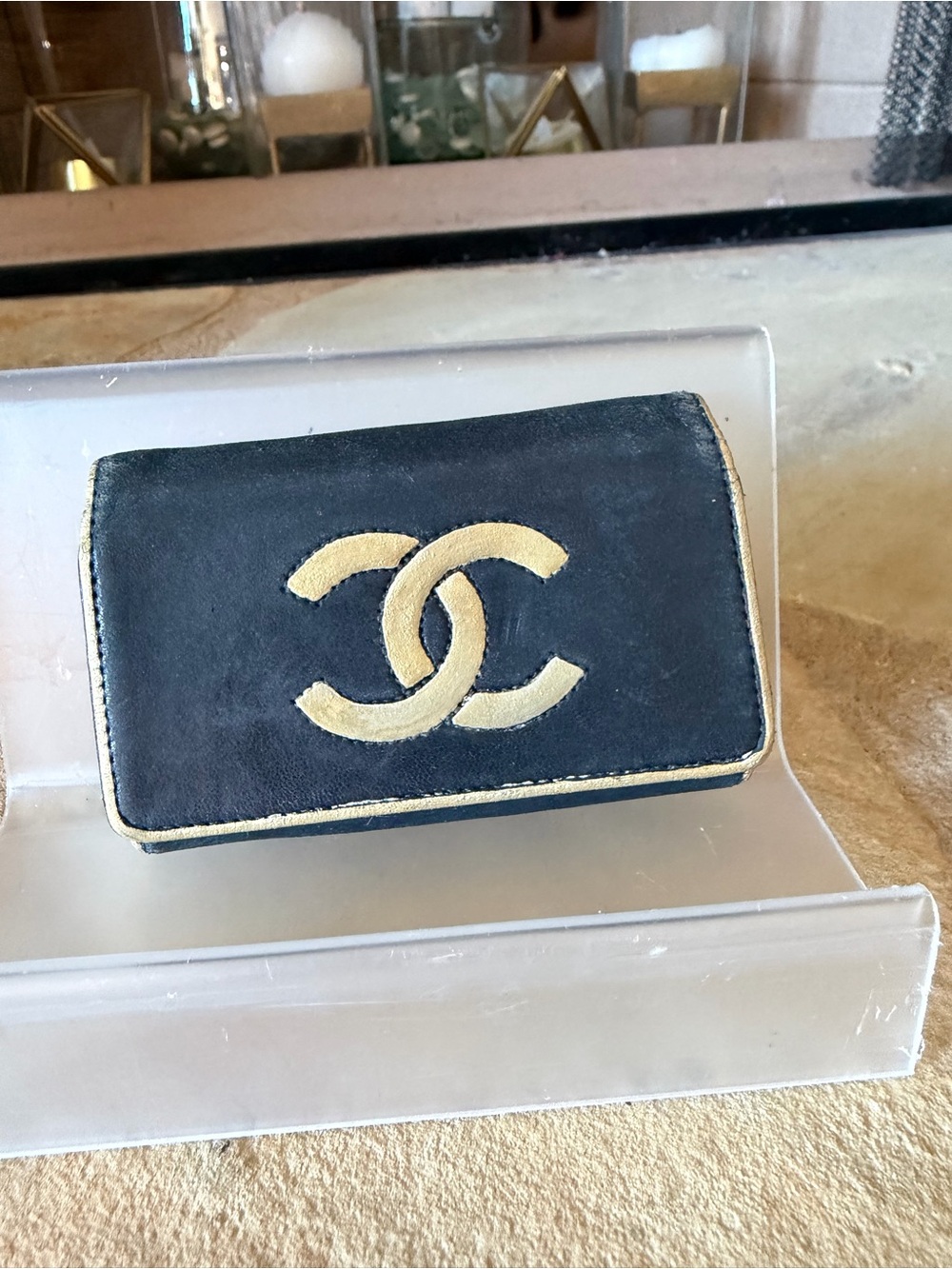 CHANEL Black Leather Wallet with Gold CC Logo
